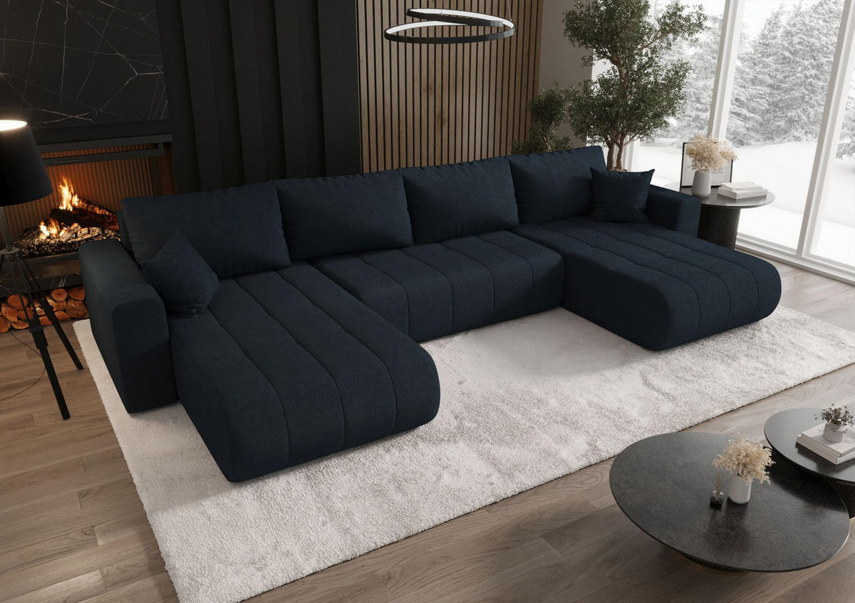SEDACÍ souprava LARA tvar U modrá pletená tkanina Wind 77 - funkce spaní, úložný prostor - modrá, textil (385/85/175cm) - Cornero