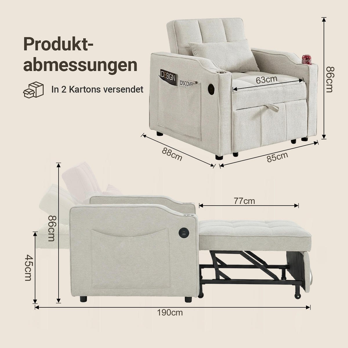 RELAXSESSEL 190/85/86 cm Beige mit USB-/Typ-C-Anschluss und Seitentasche - Beige, Textil (190/86/85cm) - Oxeza