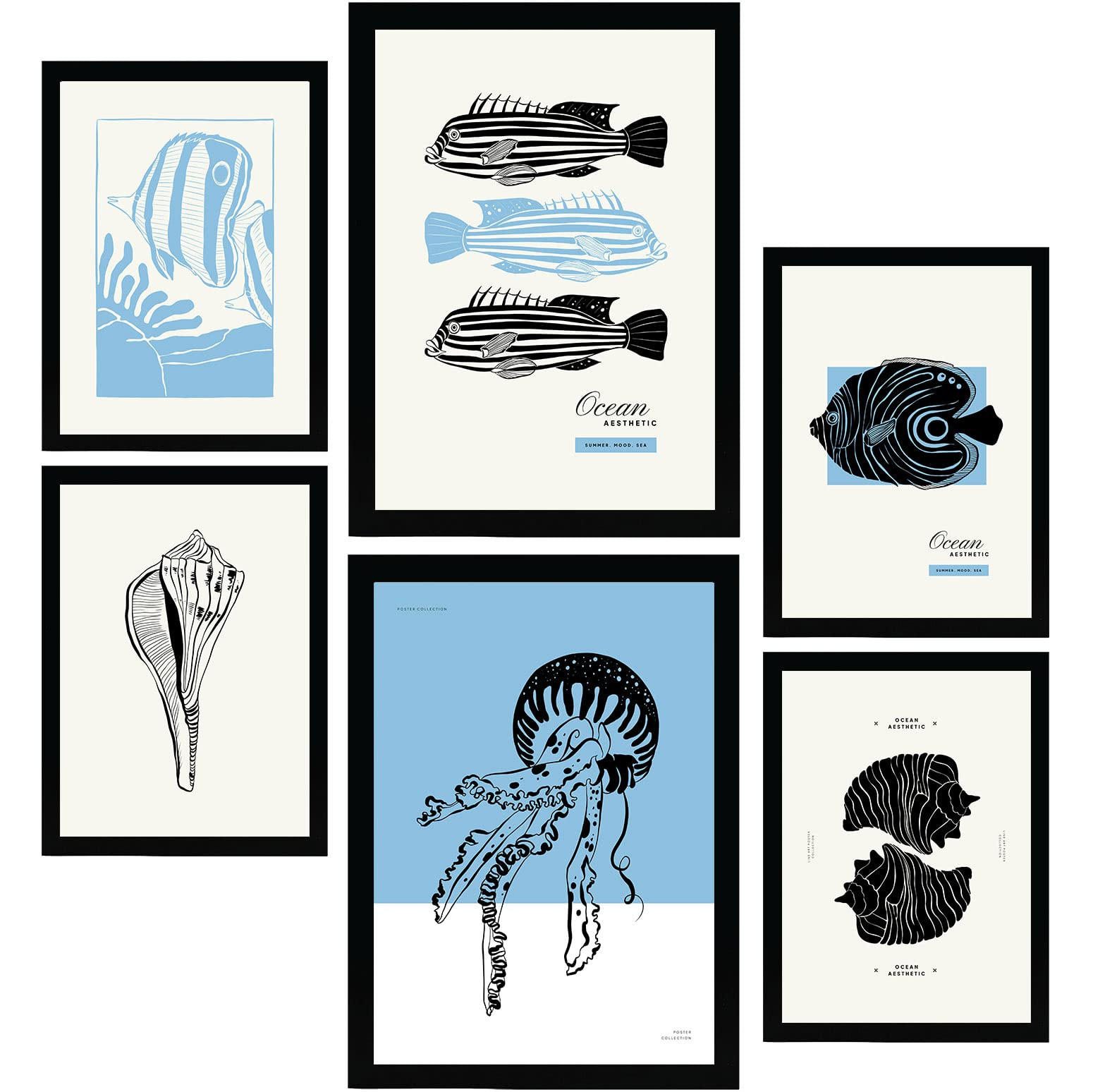 POSTER Set Mit 6 In Schwarzer Tinte Meerestiere Kunstdrucke Von Meer Und Ozean Für Innenarchitektur A3 & A4 Schwarzer Rahmen - Schwarz, Papier (29/3cm) - Nacnic