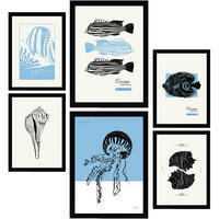 POSTER Set Mit 6 In Schwarzer Tinte Meerestiere Kunstdrucke Von Meer Und Ozean Für Innenarchitektur A3 & A4 Schwarzer Rahmen - Schwarz, Papier (29/3cm) - Nacnic