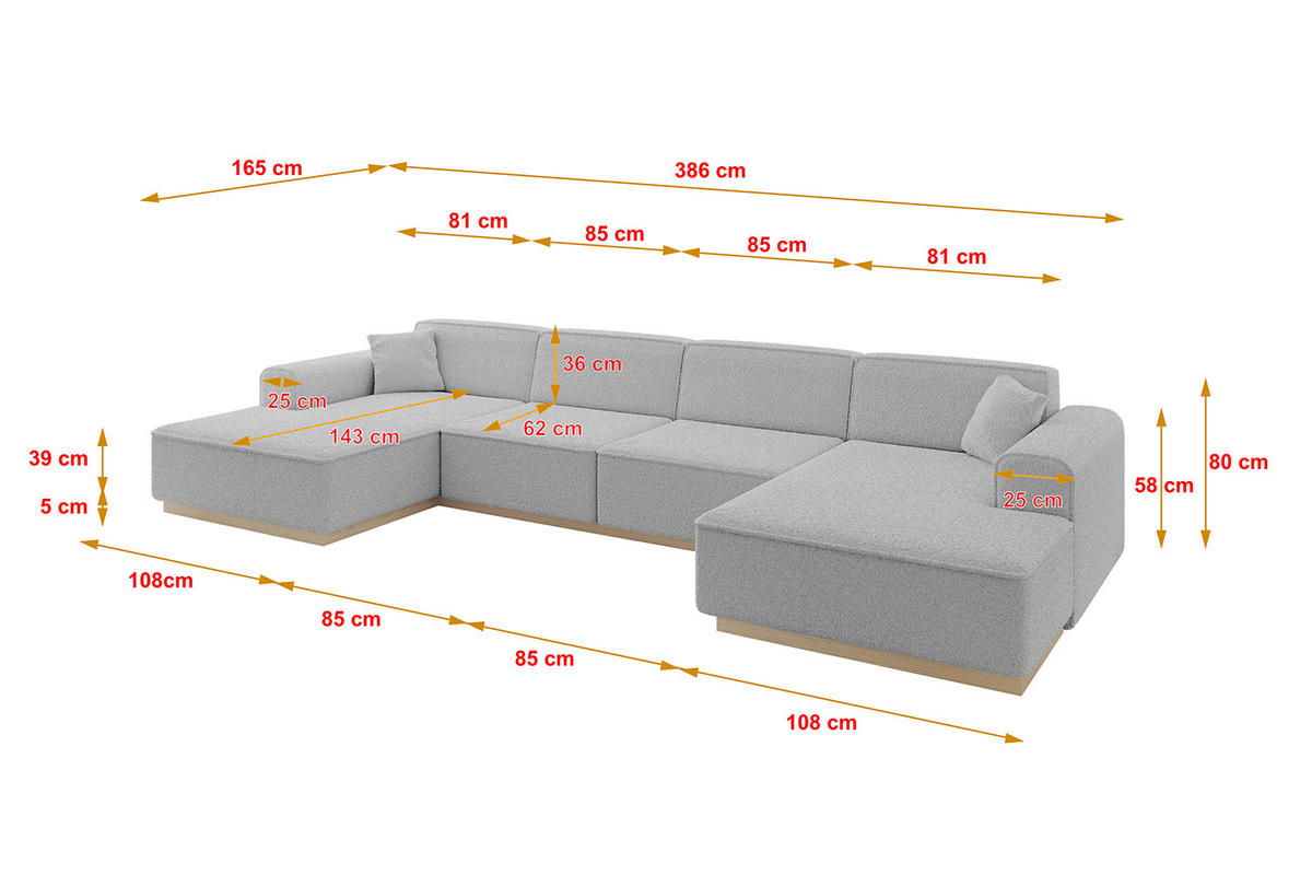 WOHNLANDSCHAFT IREA-U2 - 386x165x80 cm Hellgrau - Hellgrau, Holzwerkstoff/Textil (386/80/165cm) - ALTDECOR