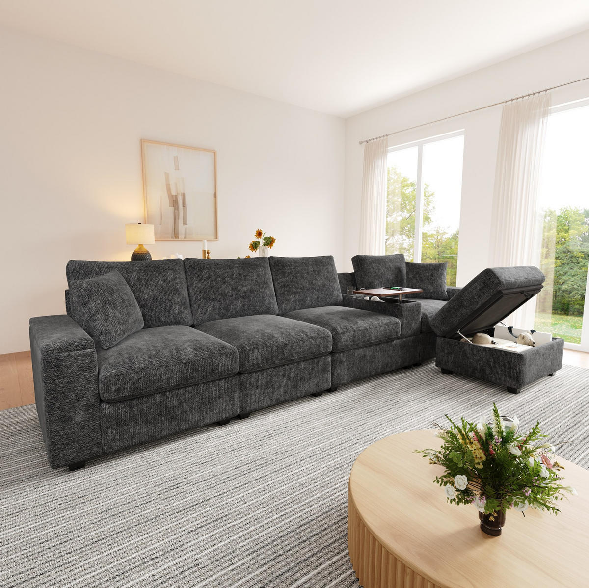 ECKSOFA 313/147/82 cm aus Chenille mit Stauraum, USB/Typ-C und drehbarem Couchtisch Grau - Grau, Textil (147/313cm) - Modenvie