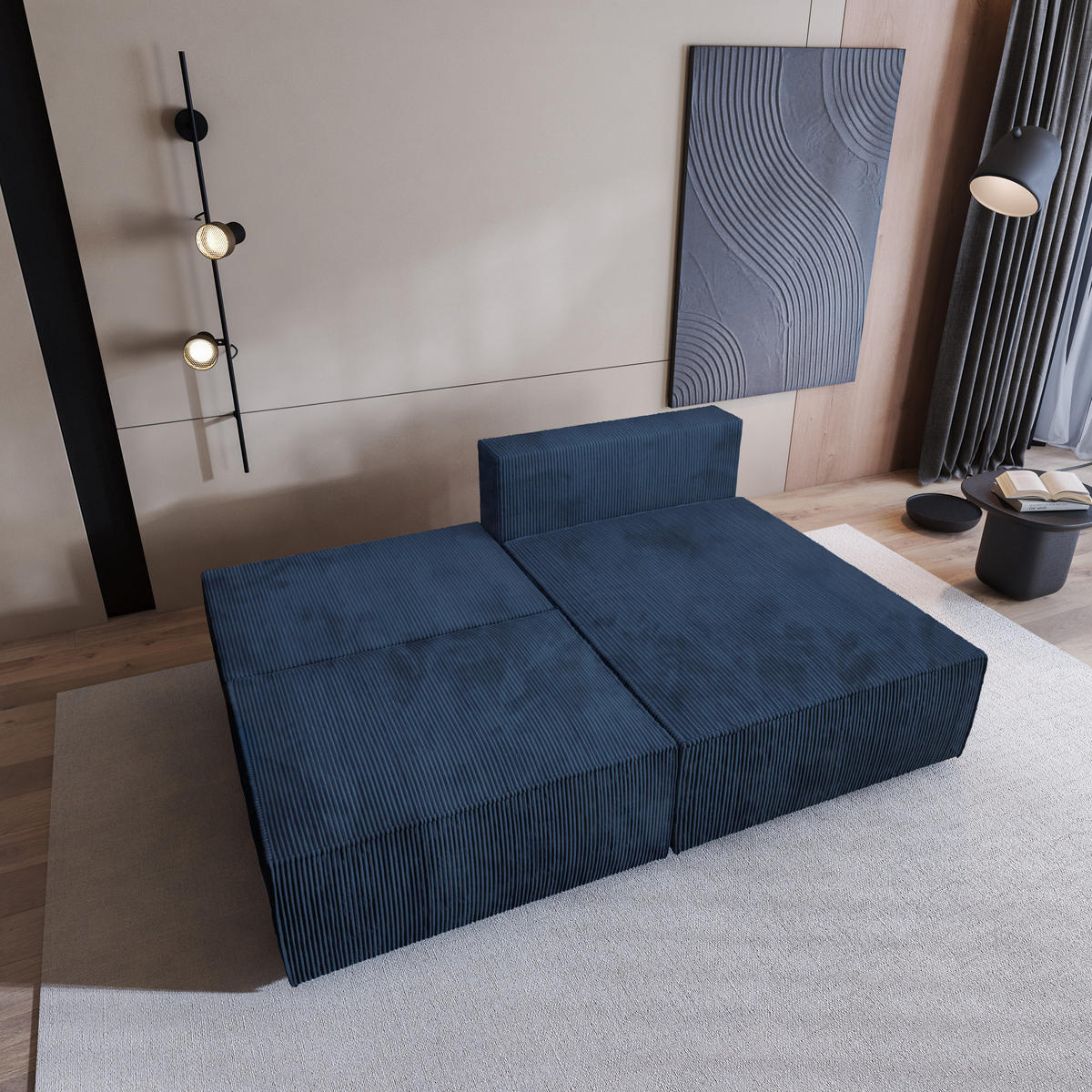 ECKSOFA FIORO P Blau Kordstoff mit Schlaffunktion - Blau, Holz (204/148cm) - MASSENO