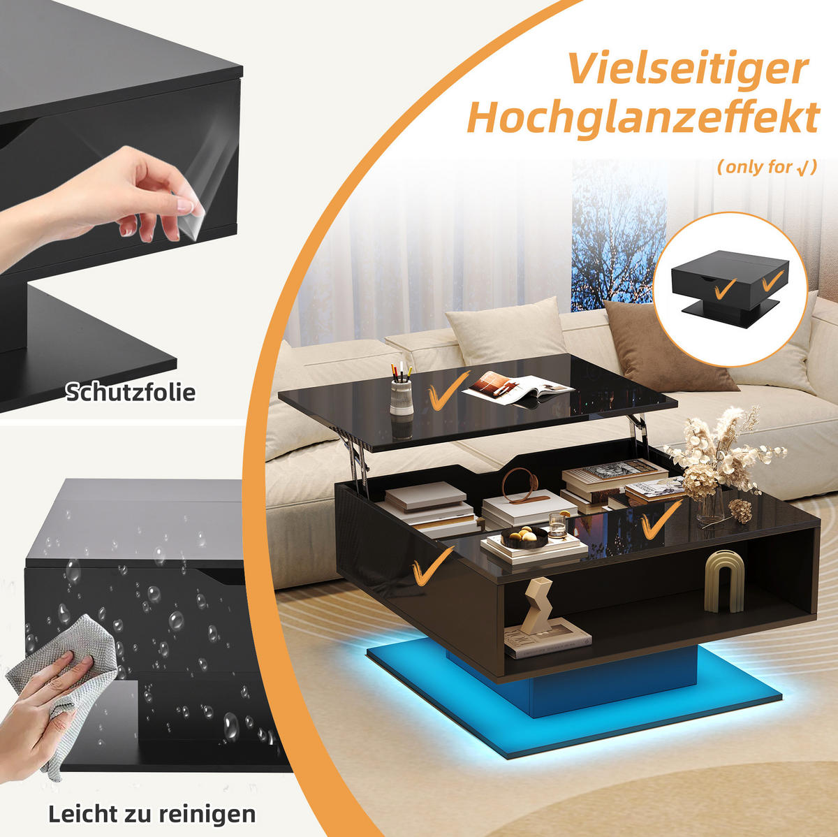 COUCHTISCH aus Spanplatte 80x75x40 cm in Schwarz mit LED & anhebbarer Tischplatte - Schwarz, Holzwerkstoff (75/80/40cm) - Modfu
