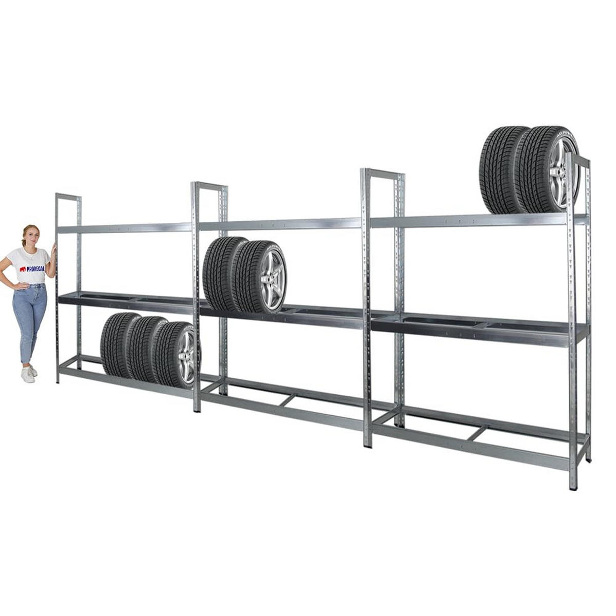REIFENREGAL Tiger XL 3er-Set mit 3x 200x150x45 cm 300 kg Fachlast bis zu 54 Reifen Verzinkt - Silberfarben, Metall (450/200/45cm) - PROREGAL