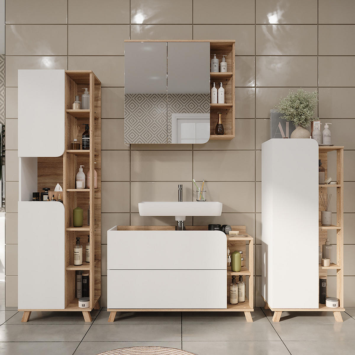 BADMÖBEL-SET Karen Sonoma/Weiß 4 Teile - Weiß/Sonoma Eiche, Holzwerkstoff (100/65/35cm) - Vicco