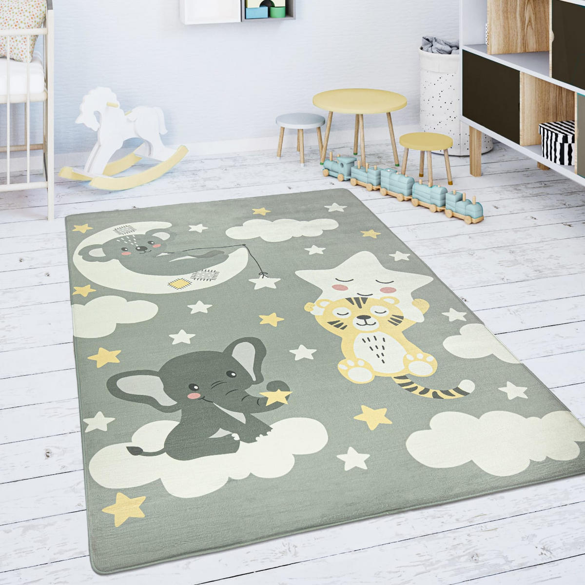 KINDERTEPPICH waschmaschinenwaschbar Tiere auf Wolken Kinderzimmer schmutzabweisend Grau Rechteckig 80x150 - Grau, Textil (80/150cm) - KADIMA DESIGN