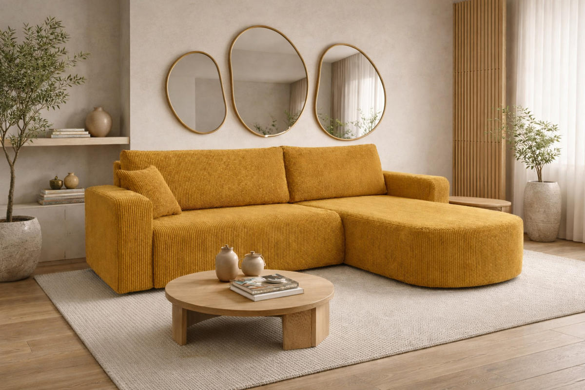 ECKSOFA Mit Schlaffunktion, Cordstoff Poso, Senffarbe, Rechts, ROUND ONE XL - Gelb, Holz (271/175cm) - Kaiser Möbel