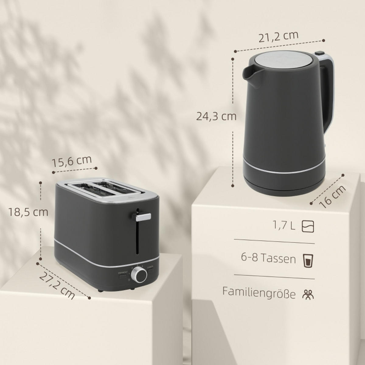 WASSERKOCHER-TOASTER SET, 1,7 L Kapazität, 6 Bräunungsstufen, Grau - Grau, Kunststoff (16/24.3/21.2cm) - Rolipo
