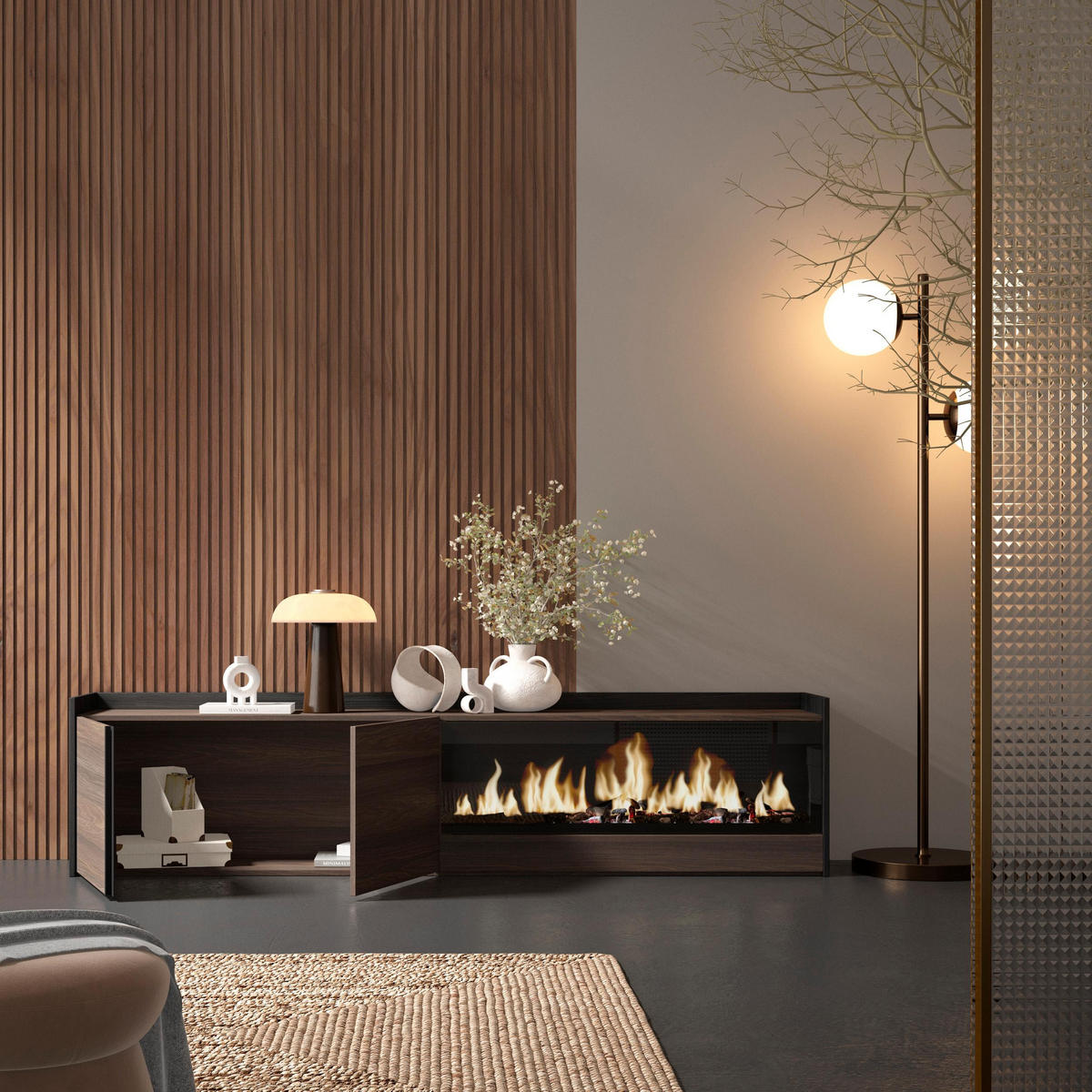 LOWBOARD, Dunkler Eiche und Schwarz, 212/35/50cm, Kamin mit Feuereffekt XXL - Dunkelbraun, Holzwerkstoff (212/50/35cm) - Skraut Home