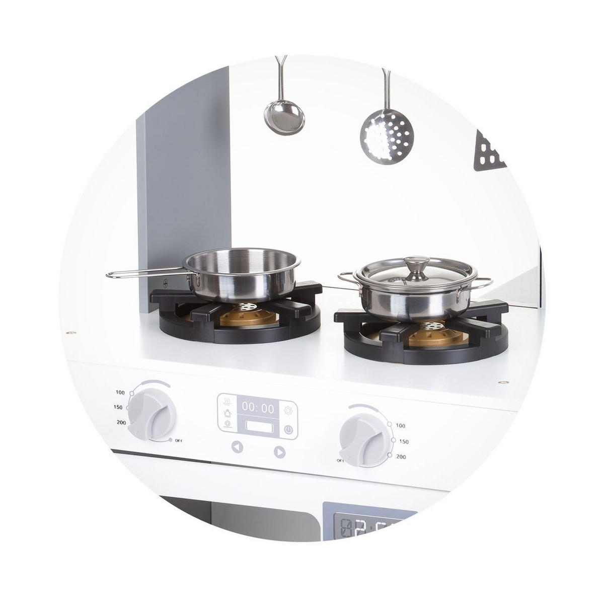 SPIELKÜCHE 2 in 1 98 cm weiß Holz, Tisch und Hocker, Metalltöpfe, Mikrowelle, Backofen, Spüle - Weiß, Holz (80/60/98cm) - Chipolino