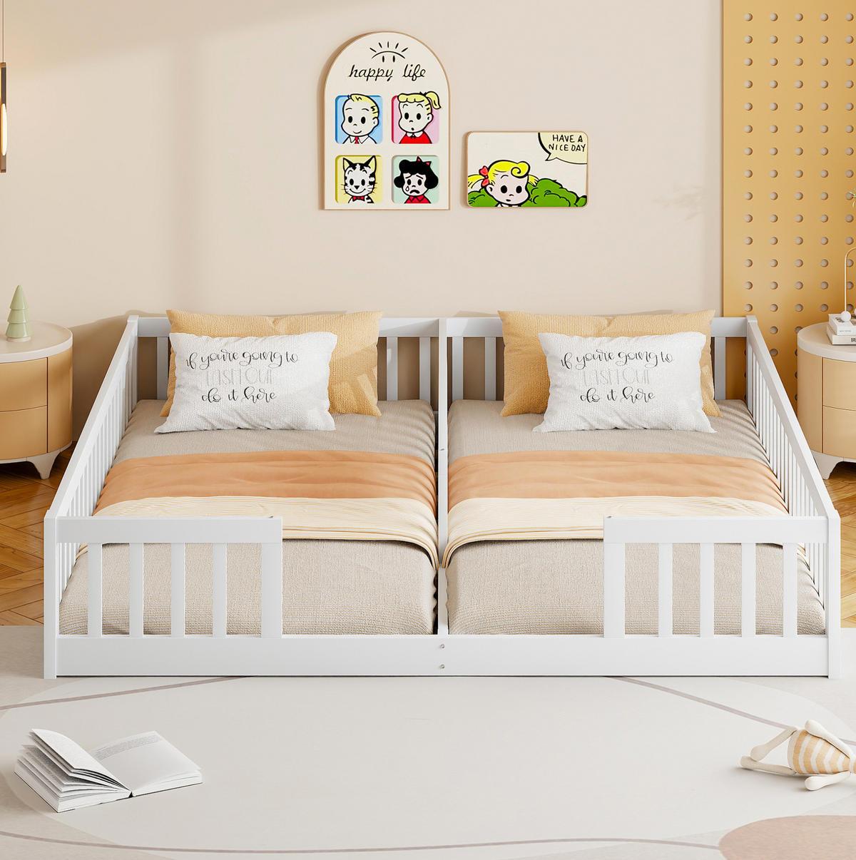 KINDERBETT aus Kiefernholz und MDF 2x 90x200 cm Weiß mit Sicherheitsgitter - Weiß, Holzwerkstoff (90/200cm) - IVMEU