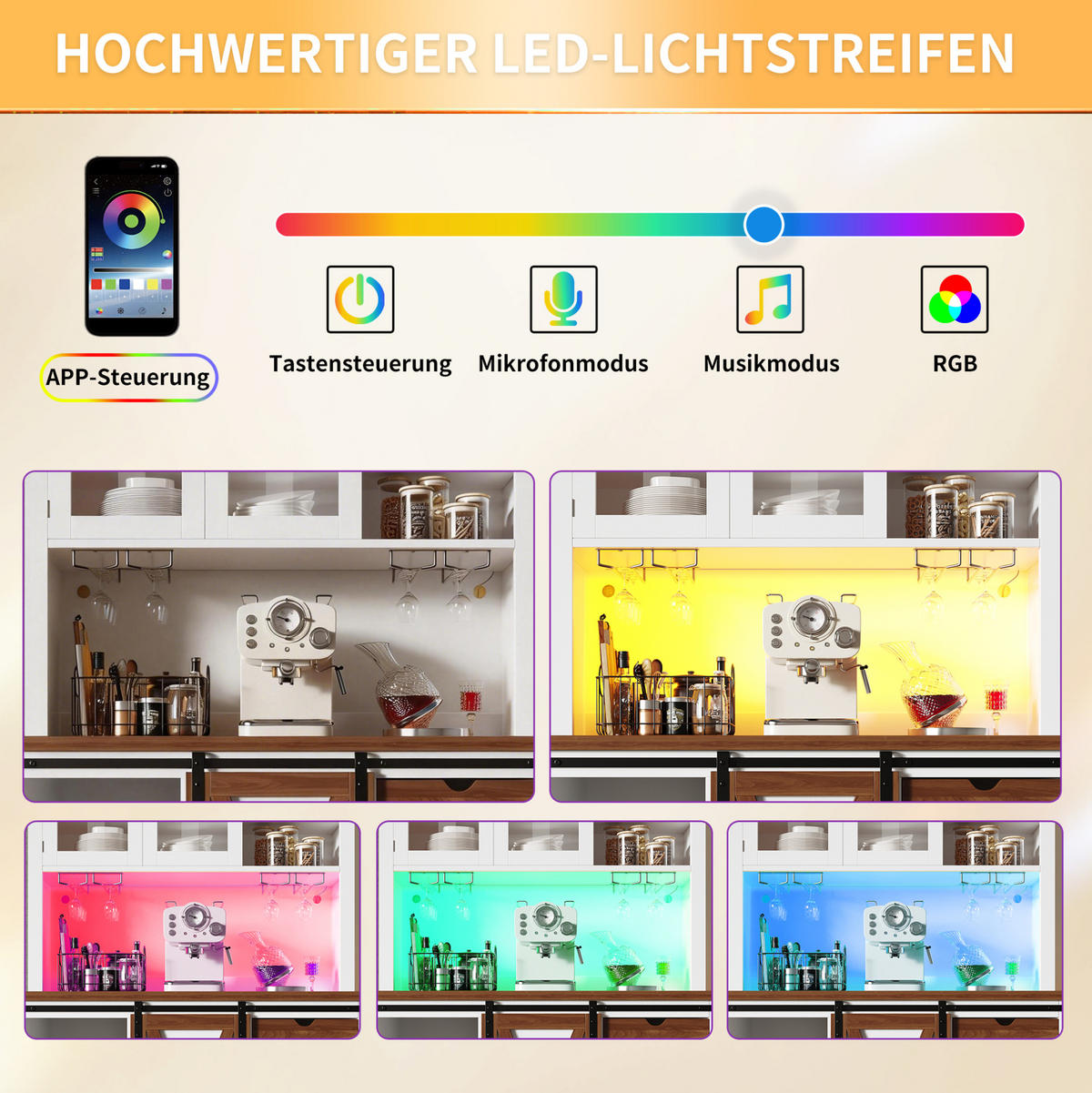 BUFFET 104/40/180 cm Weiß aus MDF, Glas und Metall mit LED - Weiß, Glas (104/180/40cm) - OKWISH