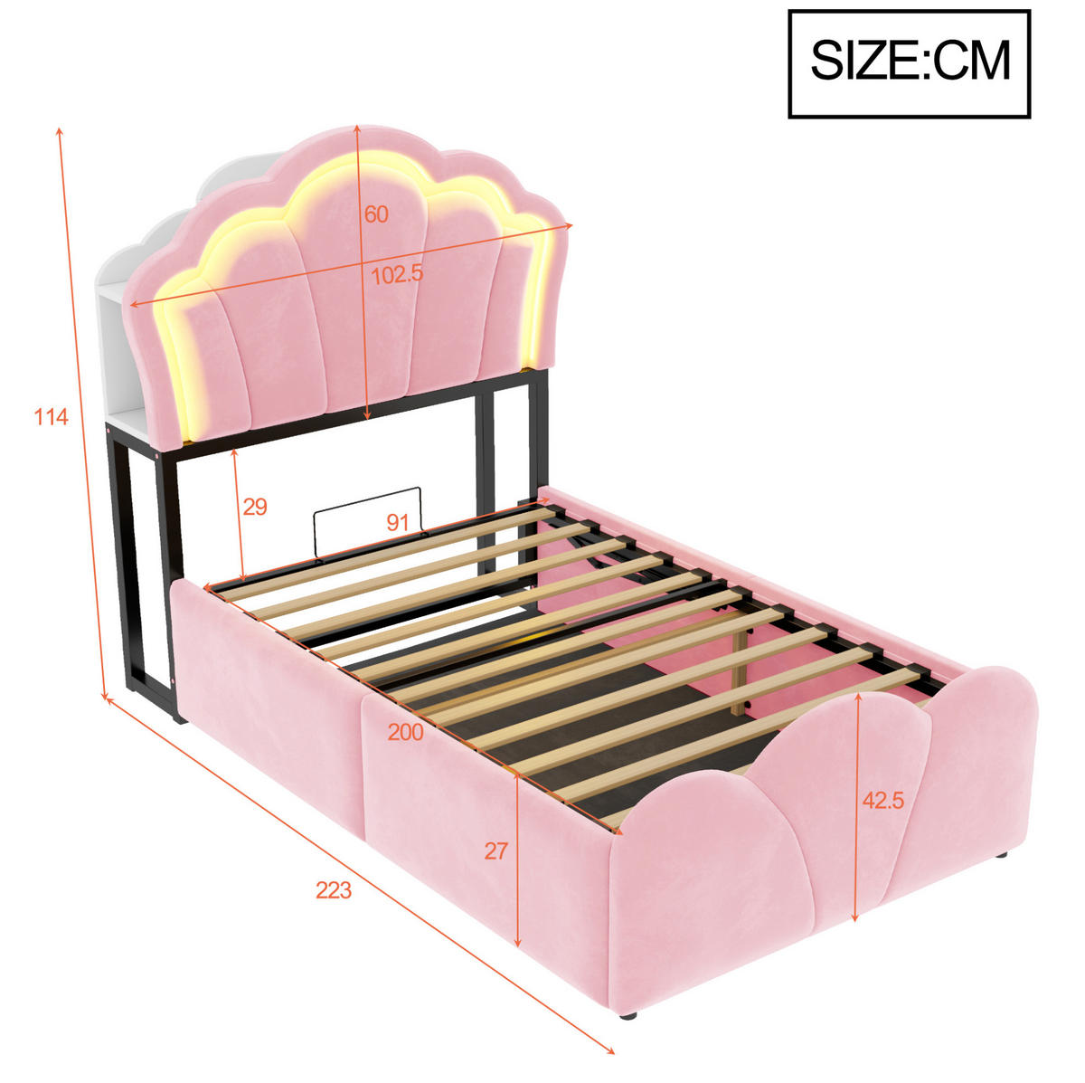 POLSTERBETT 90/200 cm aus Samt mit LED, Stauraum, Steckdosen, Rosa - Pink, Textil (90/200cm) - OKMYHOME
