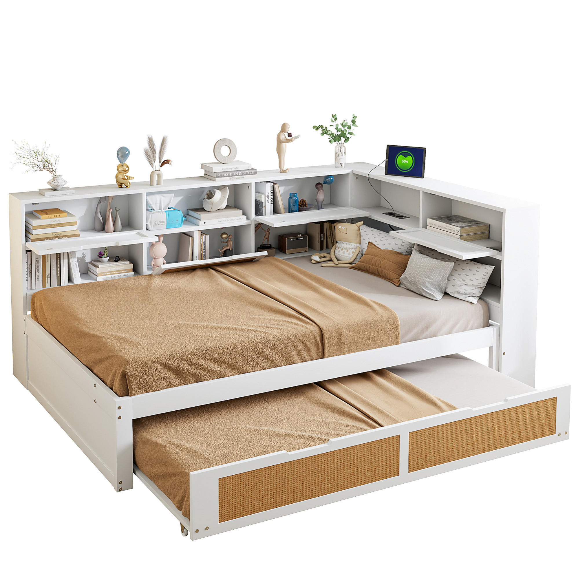 BETT 140/200 cm in Weiß mit Ausziehbett, Stauraum und USB-Ladeanschlüssen - Weiß, Holz (140/200cm) - BEAOK