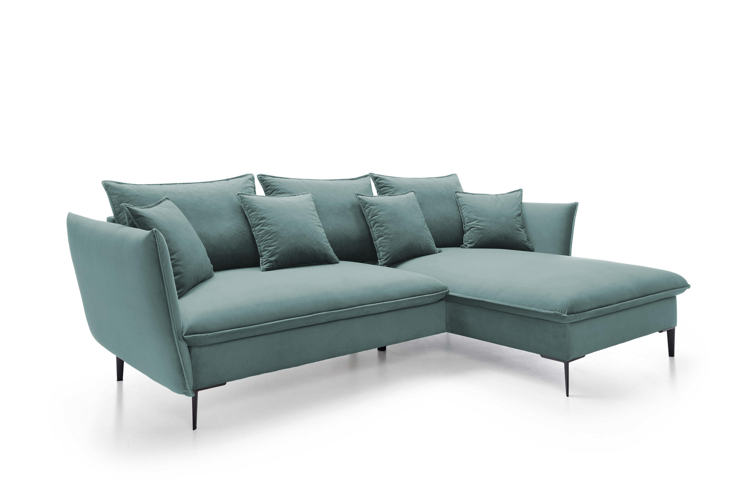ECKSOFA GLOSS mit Schlaffunktion, Ottomane & goldenen Füßen – Samtsofa im GLOSSour-Stil mit Zierkissen, 258x167x91 cm, Rechte, BLAU - Hellgrau, Holz/Textil (258/167cm) - DomoHome