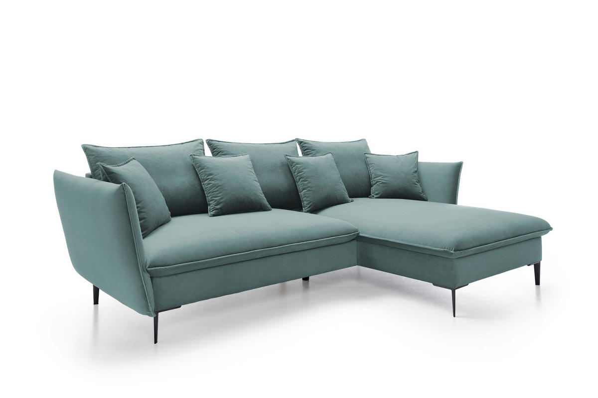 ECKSOFA GLOSS mit Schlaffunktion, Ottomane & goldenen Füßen – Samtsofa im GLOSSour-Stil mit Zierkissen, 258x167x91 cm, Rechte, BLAU - Hellgrau, Holz/Textil (258/167cm) - DomoHome