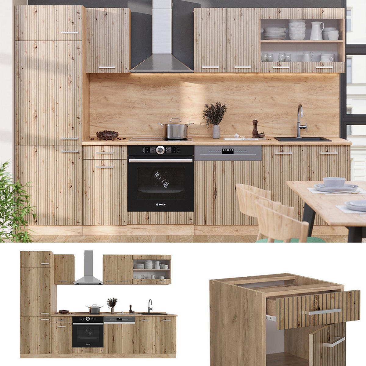 KÜCHE R-Line Artisan-Eiche/Goldkraft Eiche 300 cm, AP Marmor - Eiche Wotan/Eiche Artisan, Holzwerkstoff (300/81.6/60cm) - Vicco
