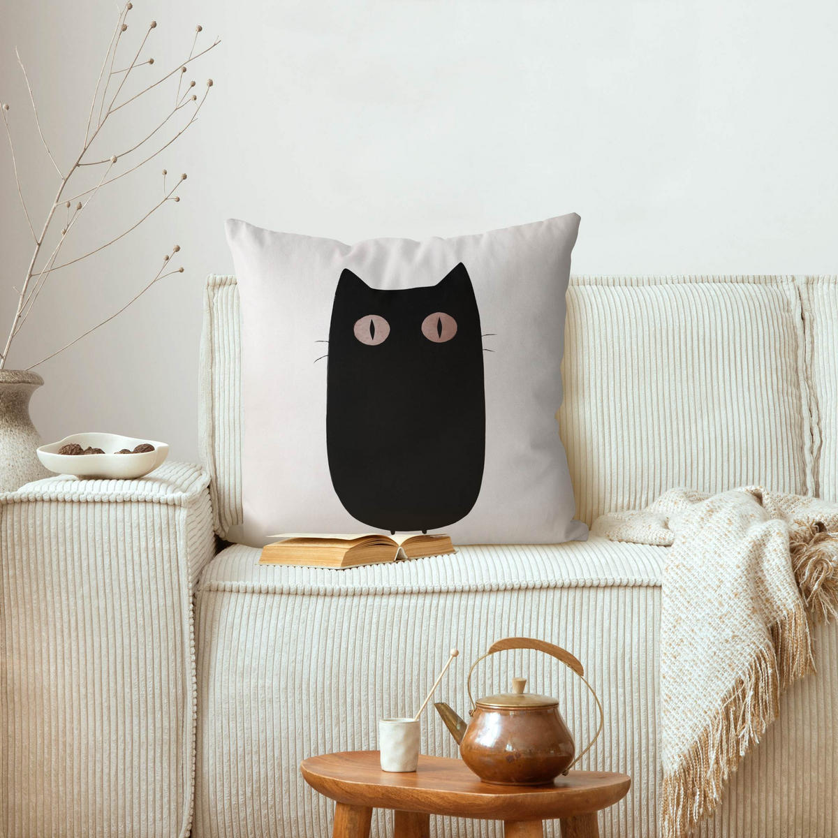 KISSENBEZUG Schwarze Katze Illustration 50/50 cm - Schwarz, Textil (50/50cm) - Bilderwelten