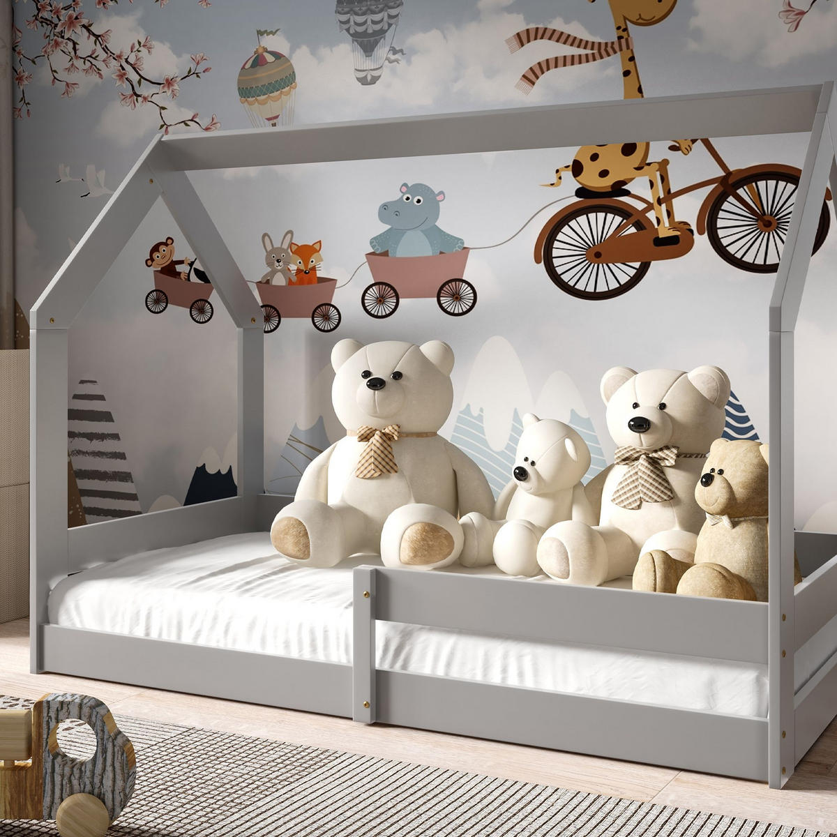 KINDERBETT Bodenbett LUMBE, Hausform - Grau, Holz (80/160cm) - KONSIMO®