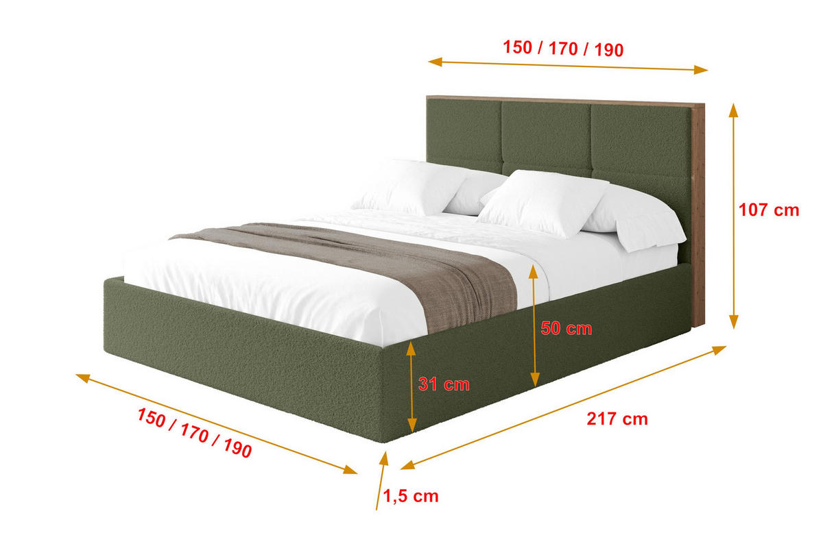 POLSTERBETT mit Bettkasten und Lattenrost, Bett mit Matratze H3/H4 - LILA 140x200 Grün - Grün, Holzwerkstoff/Textil (140/200cm) - ALTDECOR