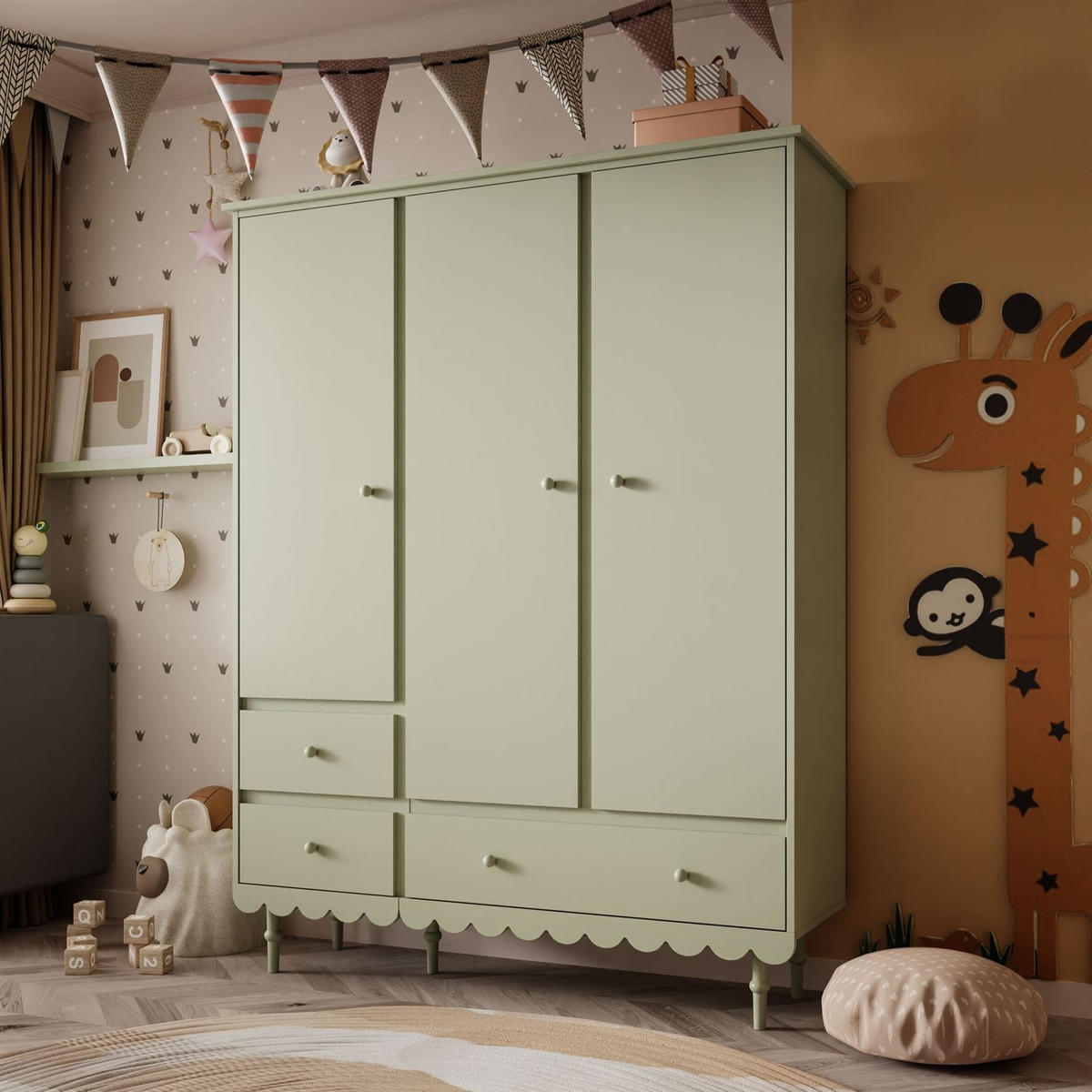 KINDERKLEIDERSCHRANK BABUSHKA – Dreitürig, Olivgrün - Olivgrün, Holzwerkstoff (154/203/50cm)