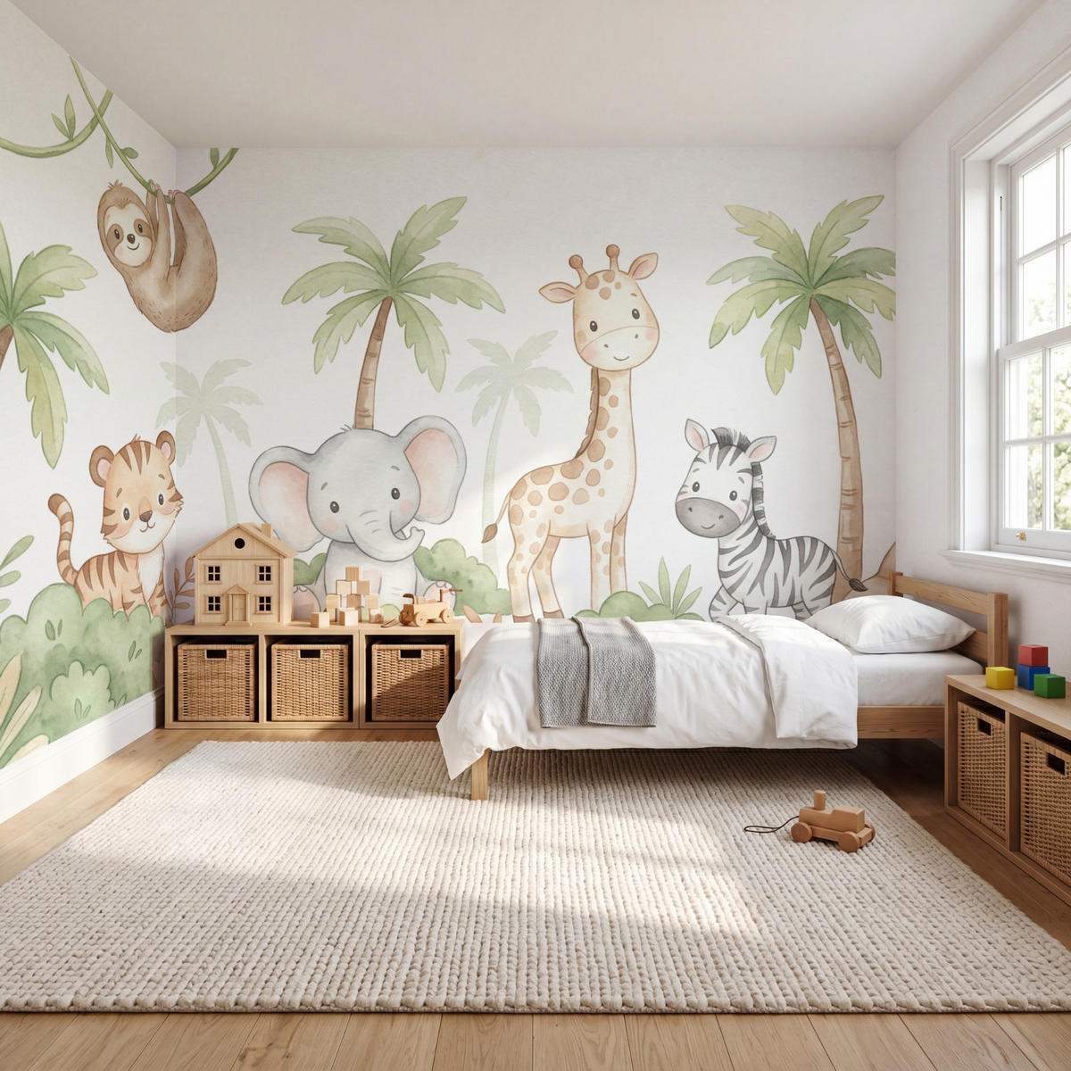 KINDERTAPETE - Tiere - Dschungel - Pastell - 450x280 cm - Weiß, Papier (450/280cm) - OnlyWow