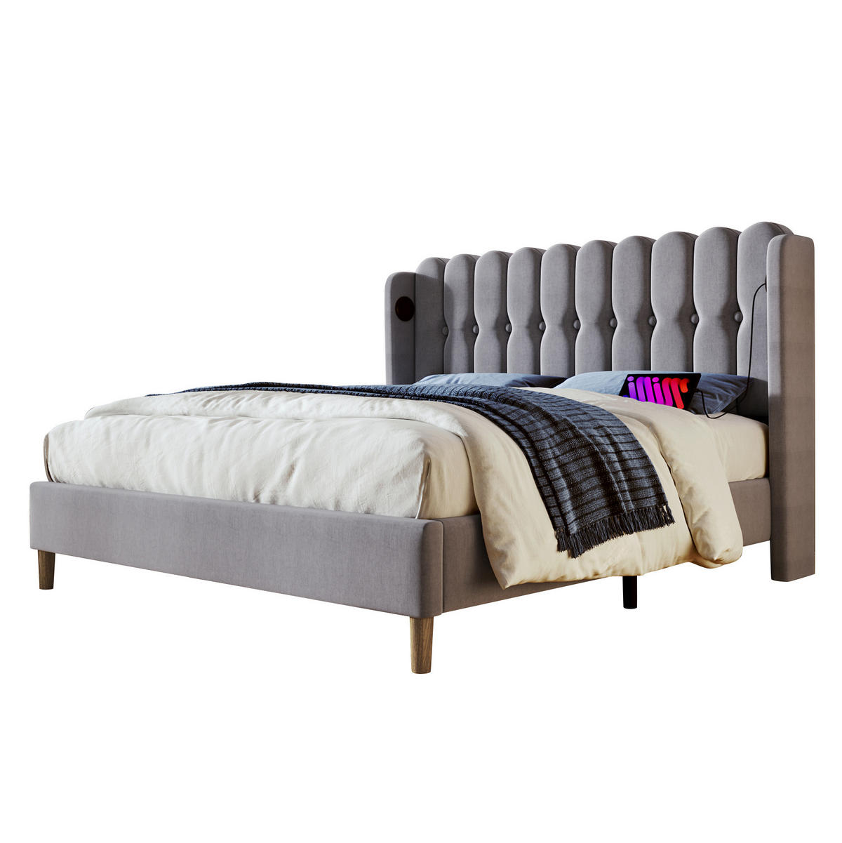POLSTERBETT 140/200 cm grau mit USB- und Typ-C-Anschlüssen Mit Matratze - Grau, Textil (140/200cm) - OKWISH