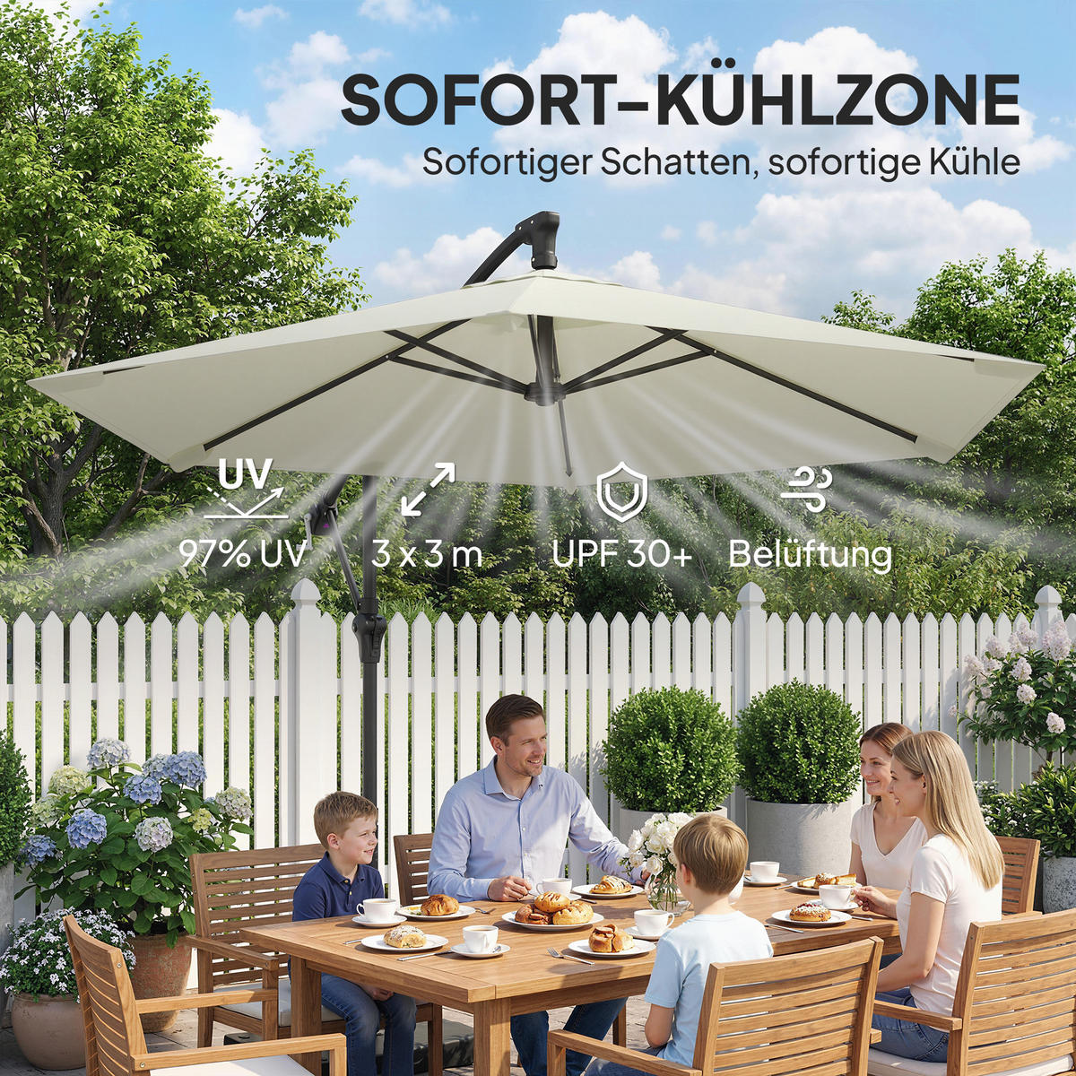 SLUNEČNÍK S PÁSKEM Kov Polyester Krémově bílý - krémová, textil (295/302cm) - Outsunny