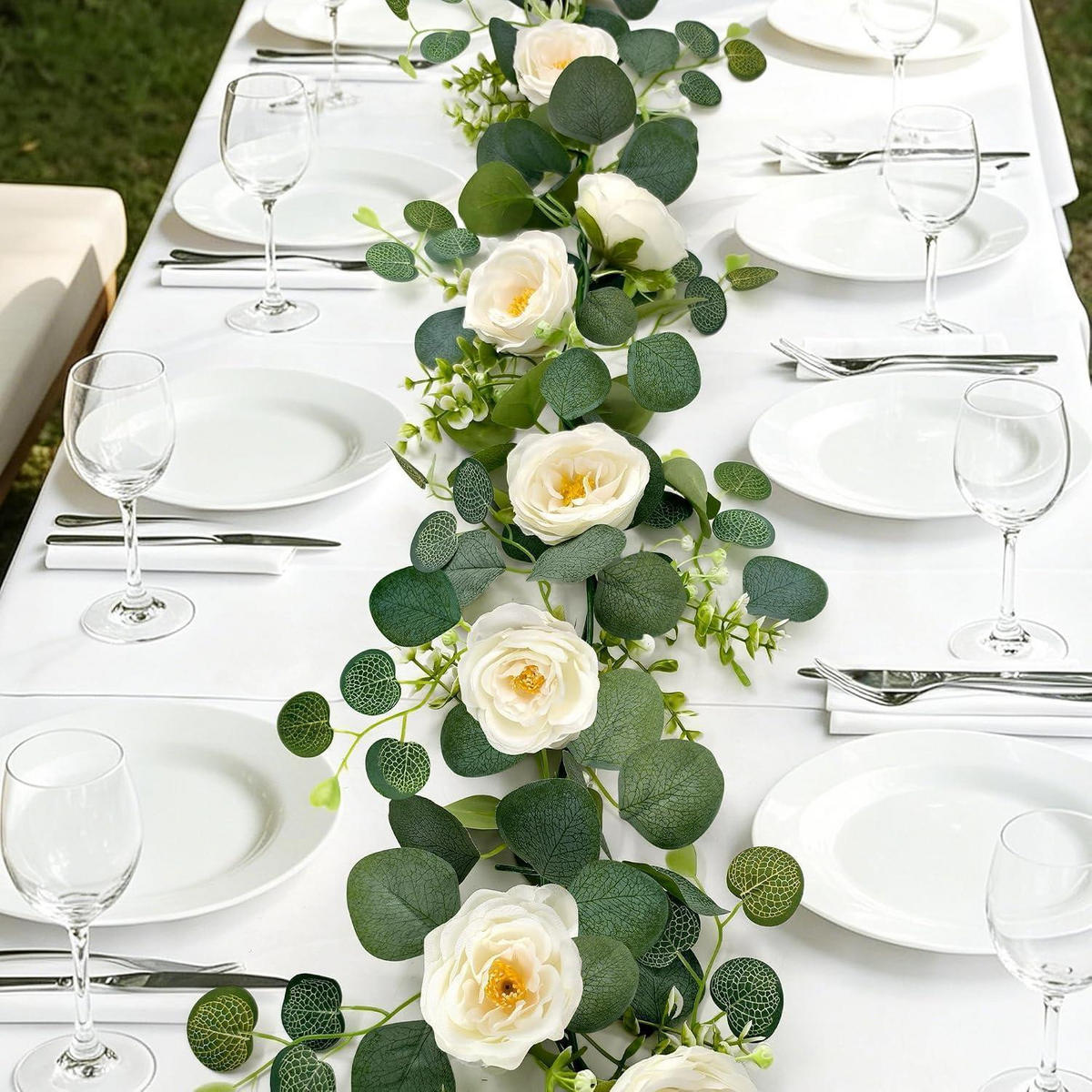 BLUMENGIRLANDE 2-teiliges Set 1,8 m Eukalyptus mit weißen Rosen - Multicolor, Kunststoff (1cm)