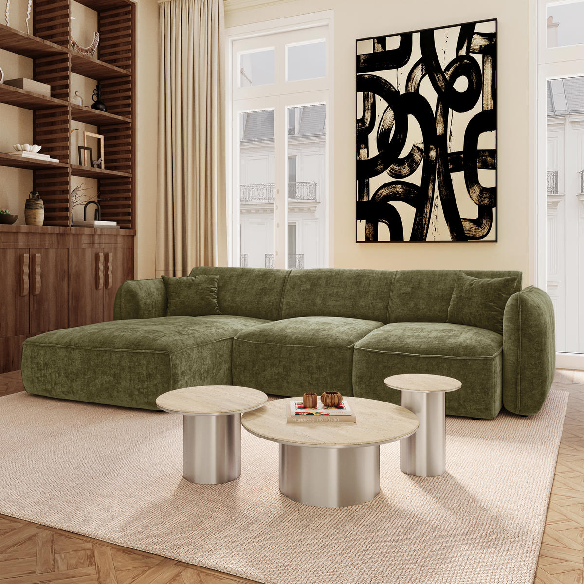ECKSOFA (links) LOMI Geprägter Samt Vintage-Grün 272cm - Dunkelgrün/Grün, Textil (272/90cm) - Premium Interiors