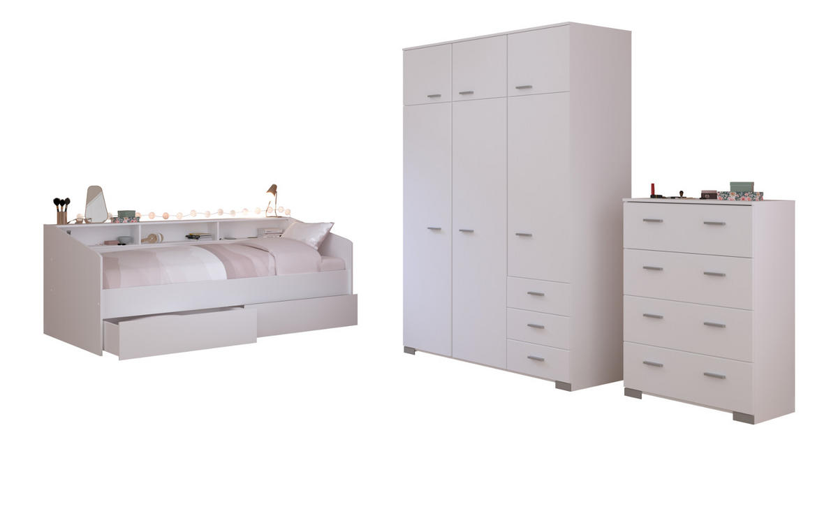KINDERZIMMER Set 3-tlg. Kleiderschrank Kommode Bett 90x200 cm - Silberfarben/Weiß, Holz/Holzwerkstoff (206/203/113cm) - Parisot Meuble