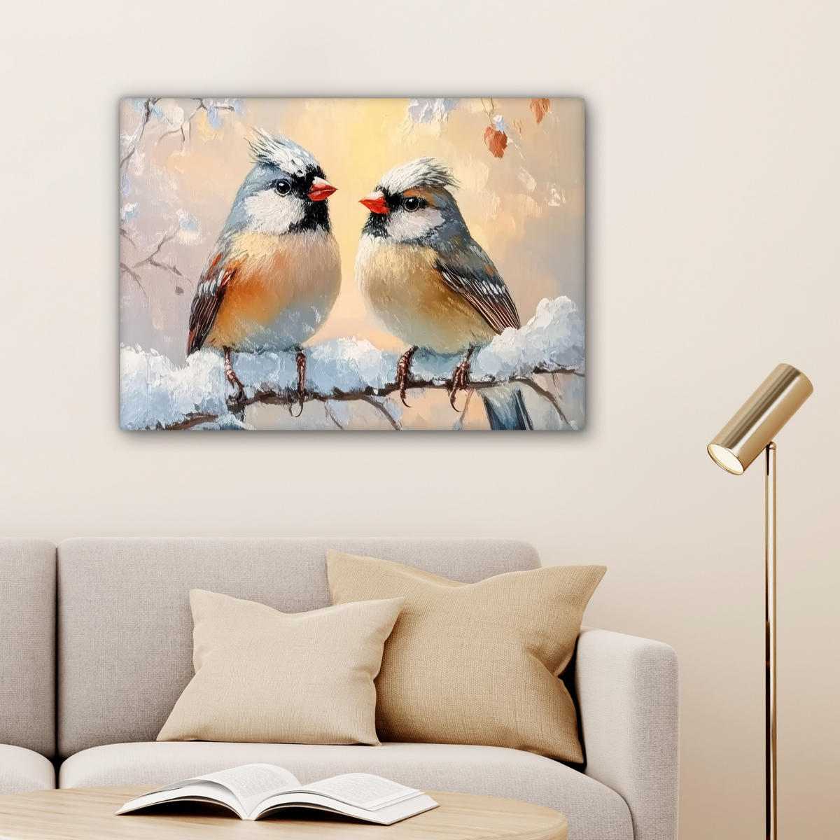 LEINWANDBILD Vögel - Zweig - Winter - Schnee Wandbilder 80x60 cm - Pastellblau, Textil (80/60cm) - MuchoWow