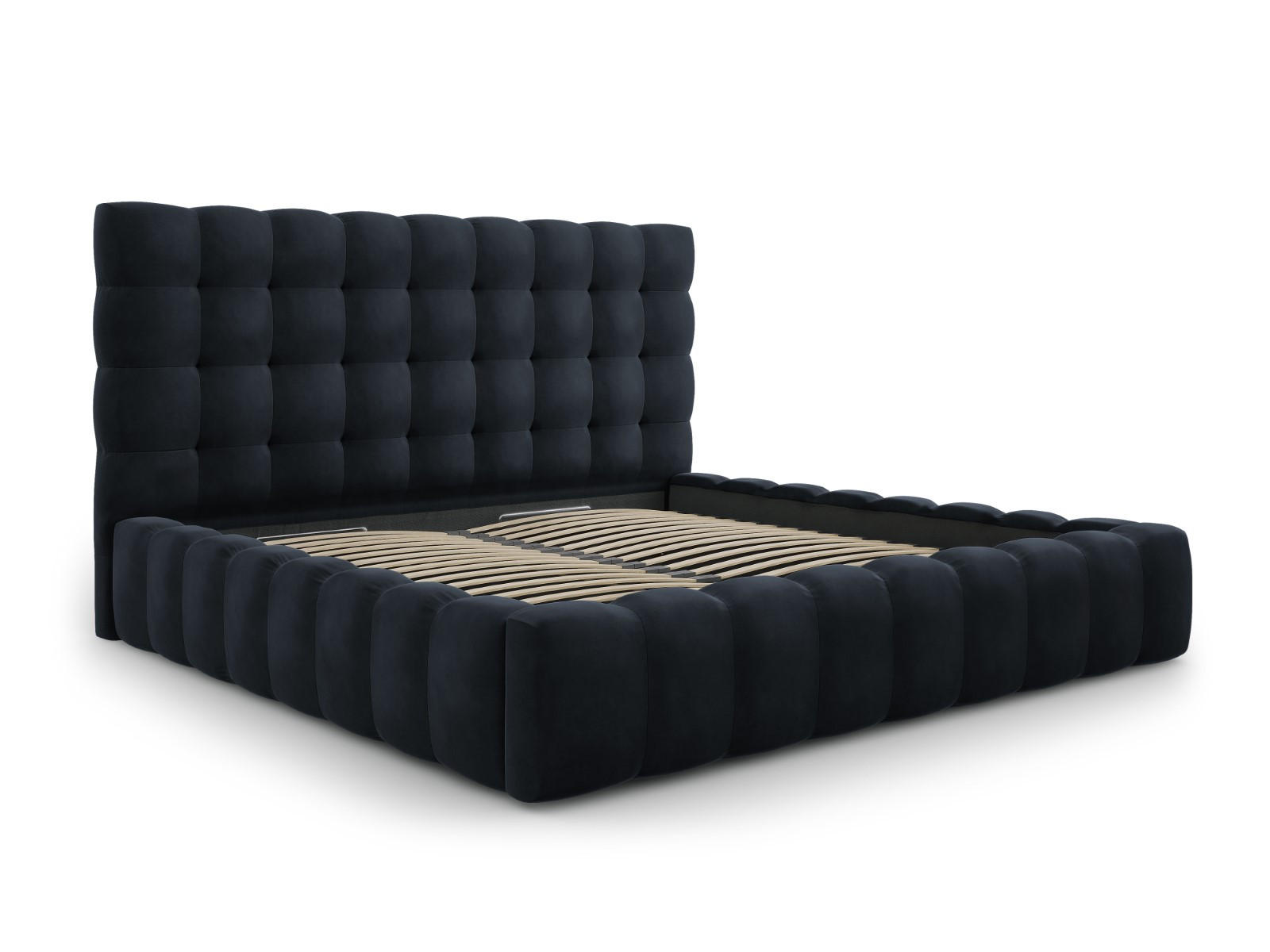 BETT mit Bettkasten und Kopfteil Mamaia aus Samt dunkelblau 200x200cm - Dunkelblau, Textil (200/200cm) - Micadoni
