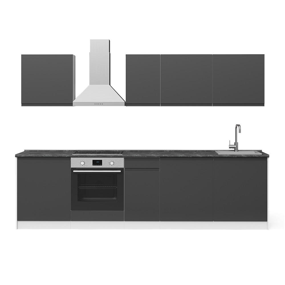 KÜCHENZEILE R-Line, Anthrazit/Weiß, 280 cm Arbeitsplatte Satin - Anthrazit/Weiß, Holzwerkstoff (280/206.8/60cm) - Vicco