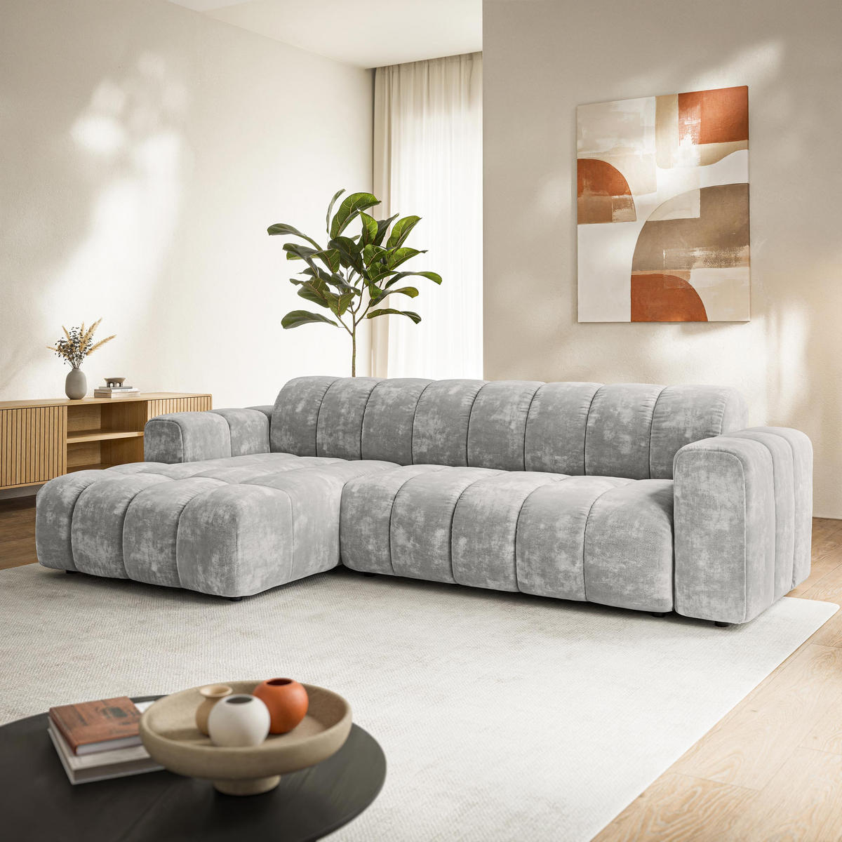 ROHOVÁ Sedačka SETIA LUMO 65, Světle šedá - černá/světle šedá, dřevo/textil (304/165cm) - MASSENO