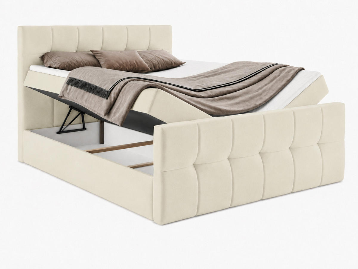 BOXBETT AUREN FRONT 160x200 cm Komplett-Set mit Bonell-Matratze, Topper und Bettkasten, Samt Platinfarben - Platinfarben, Textil (160/200cm) - Luxkor24