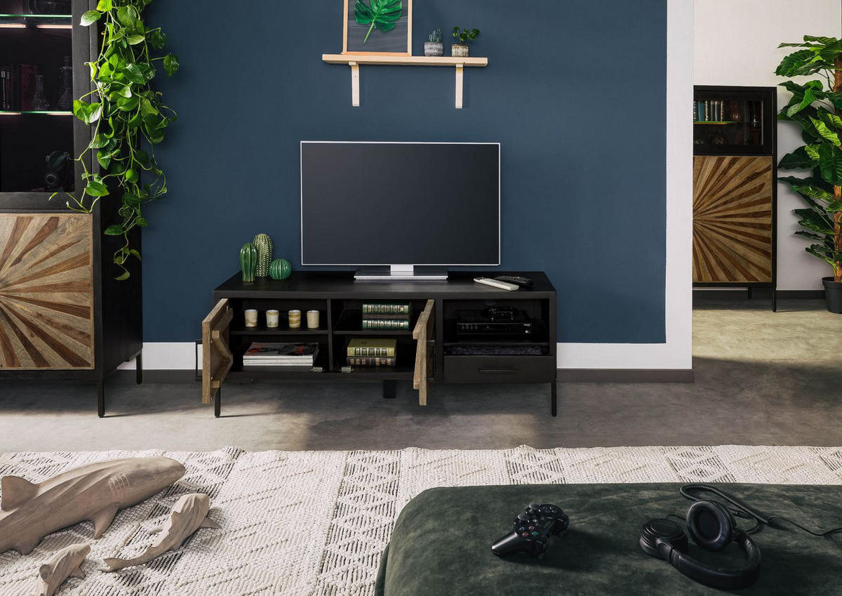 TV-BOARD Sheesham 136x45x50 schwarz lackiert SUN #105 - Schwarz, Holz (136/50/45cm) - Massivmoebel24