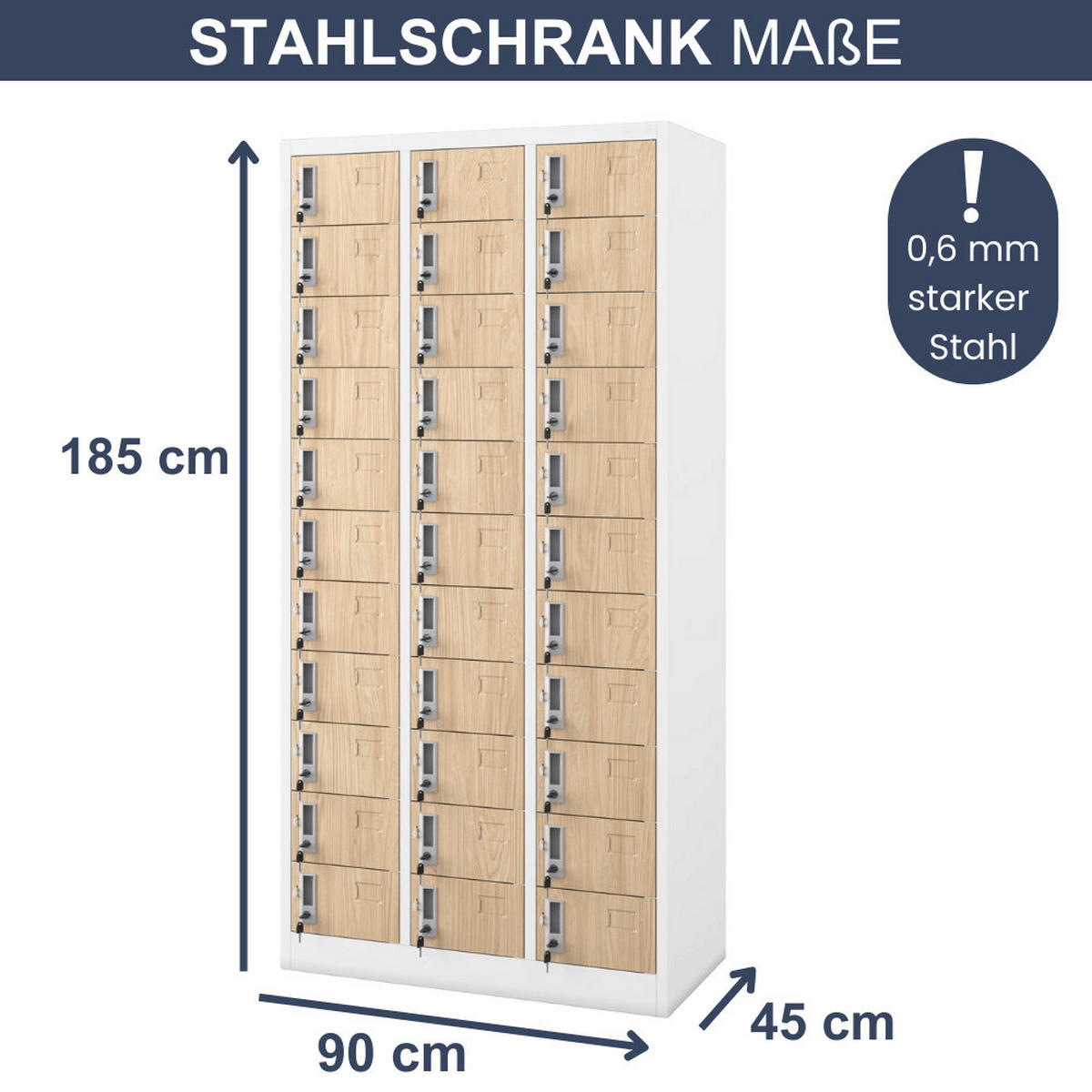 SCHLIESSFACHSCHRANK Spind PORTO 33 Fächer185x90x45cm Weiß-Sonoma Eiche - Weiß, Metall (90/185/45cm) - DELUKE