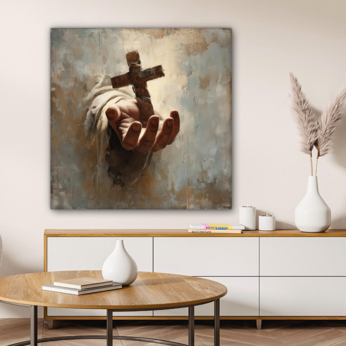 LEINWANDBILD Abstrakt - Kreuz - Hand - Christentum Deko Groß 90x90 cm - Hellbraun, Textil (90/90cm) - MuchoWow