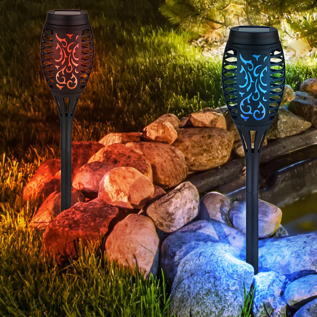 LED AUSSENLEUCHTE Schwarz Solar Feuer-Effekt 4er Set - Schwarz, Kunststoff (7.5/7.5/50.5cm) - Globo Lighting