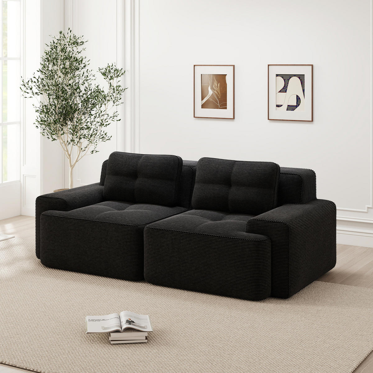 ECKSOFA 204/104/69 cm schwarz aus Cord mit 74 cm Tiefsitz und boneless Design - Schwarz, Textil (104/204cm) - OKWISH