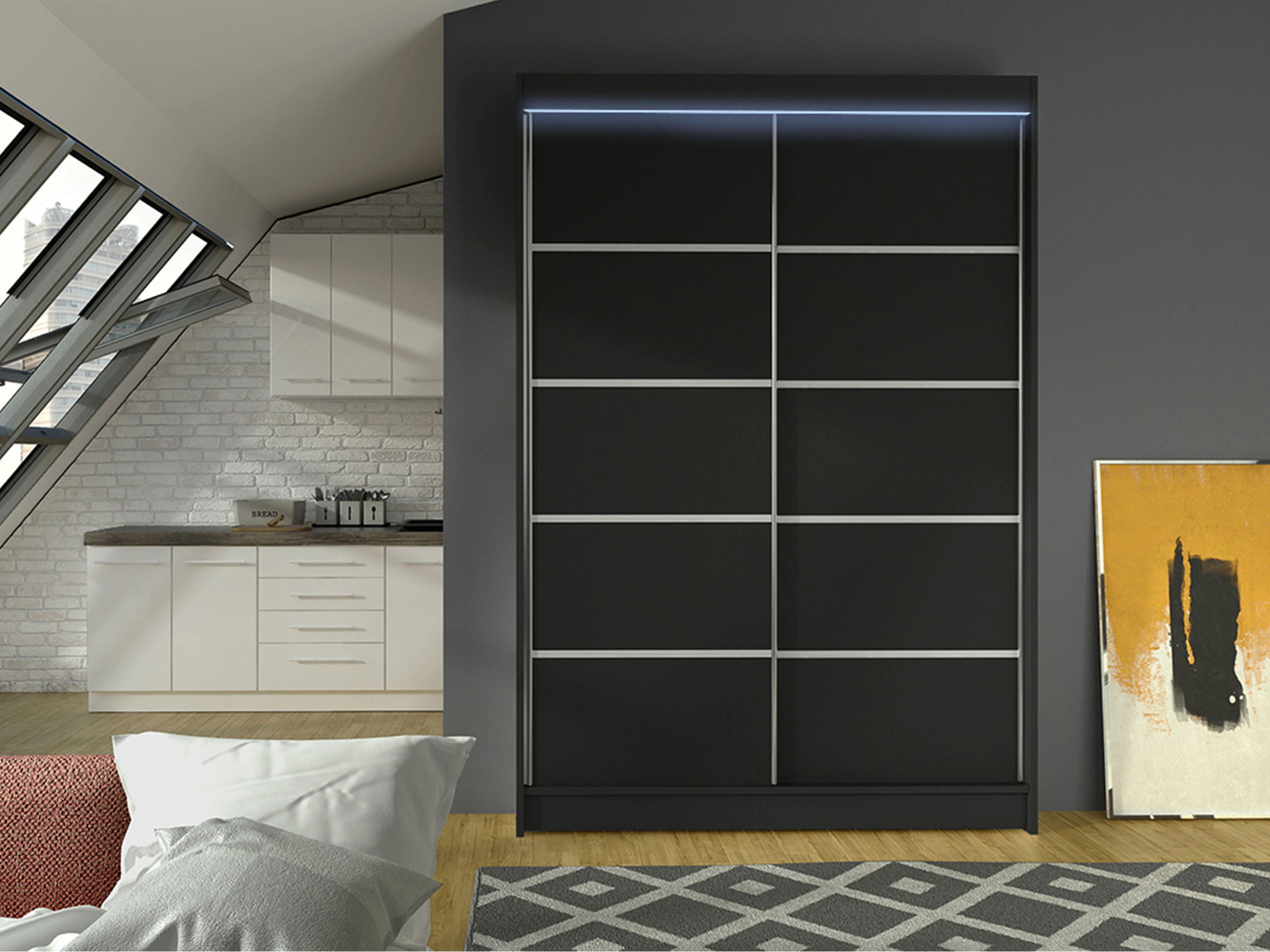 SCHWEBETÜRENSCHRANK Lino IV mit RGB LED Beleuchtung - Schwarz, Holzwerkstoff/Metall (120/200/58cm) - MIRJAN24