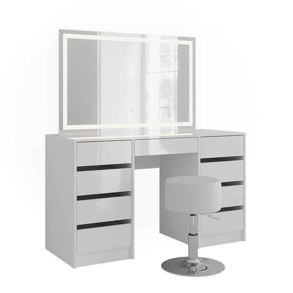 SCHMINKTISCH Sherry Weiß/Weiß Hochglanz 128.2 cm mit LED-Spiegel und Hocker - Weiß Hochglanz, Holzwerkstoff (128.2/76/50.1cm) - Vicco