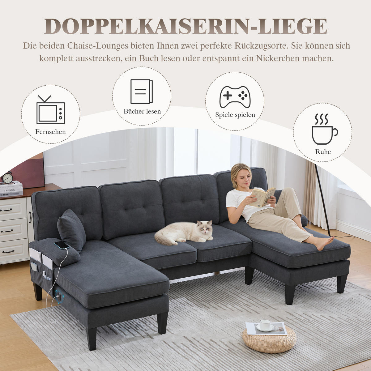 WOHNLANDSCHAFT 250/130/88 cm Dunkelgrau Leinen mit Aufbewahrungsfach und USB/Type-C-Ladeanschluss - Dunkelgrau, Textil (250/88/130cm) - Oxeza