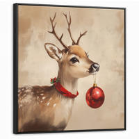 LEINWAND Bilder mit Rahmen - Weihnachten - Hirsch - Geweih - Weihnachtskugel - Rentier - 90x90 - Hellbraun, Textil (90/90cm) - MuchoWow