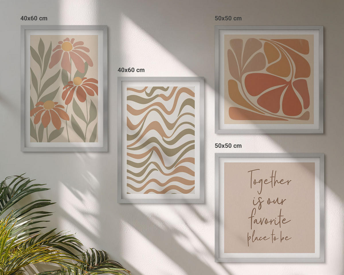 BILDER SET 4er Set - 50x50 cm & 40x60 cm Silberner Rahmen - Abstrakte Pastellblumen - Silberfarben, Kunststoff (50/50cm) - TULUP