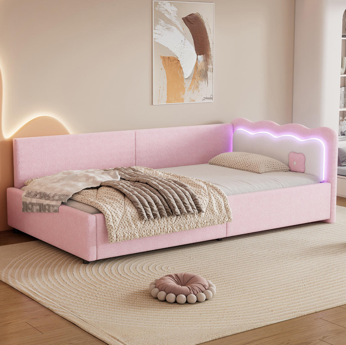 DENNÁ posteľ 90/200 cm ružová s LED osvetlením a roštom zo zamatovej látky a MDF - ružová, textil (90/200cm) - OKWISH