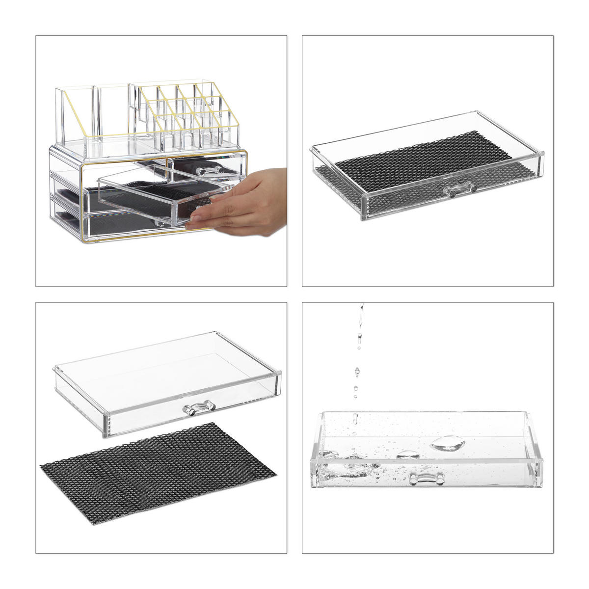 MAKEUP Organizer - Transparent/Goldfarben, Kunststoff (24/19/13.5cm) - Relaxdays