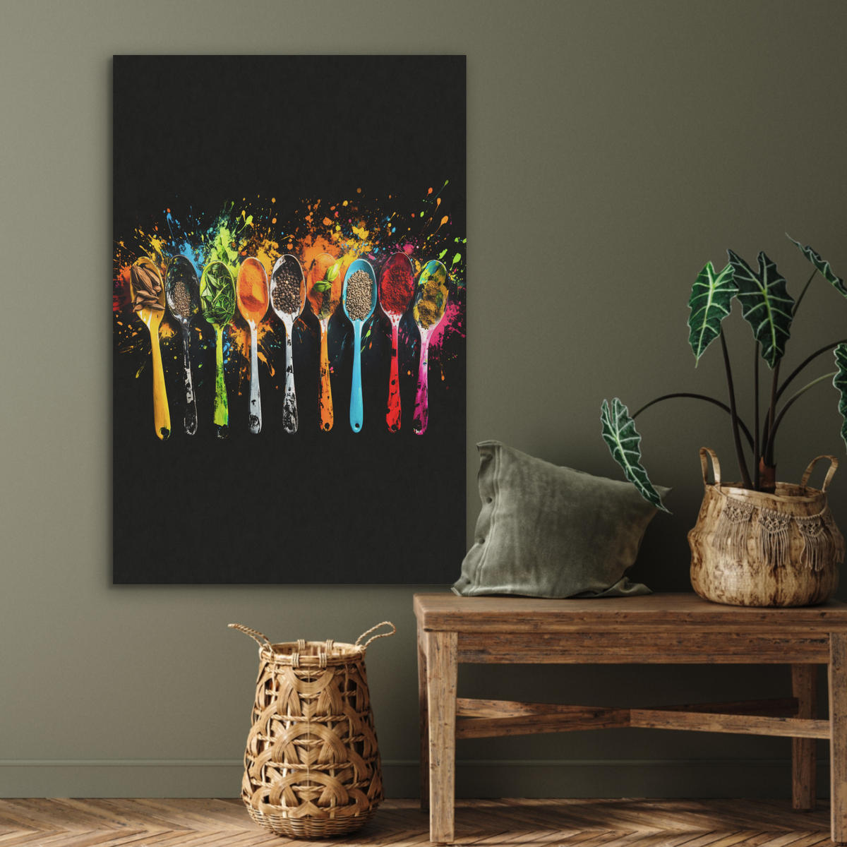 AKUSTIKBILD Löffel - Gewürze - Modern - Graffiti - Farbe - Farbenfroh Wanddeko 70x100 cm - Multicolor, Textil (70/100/0.9cm) - MuchoWow